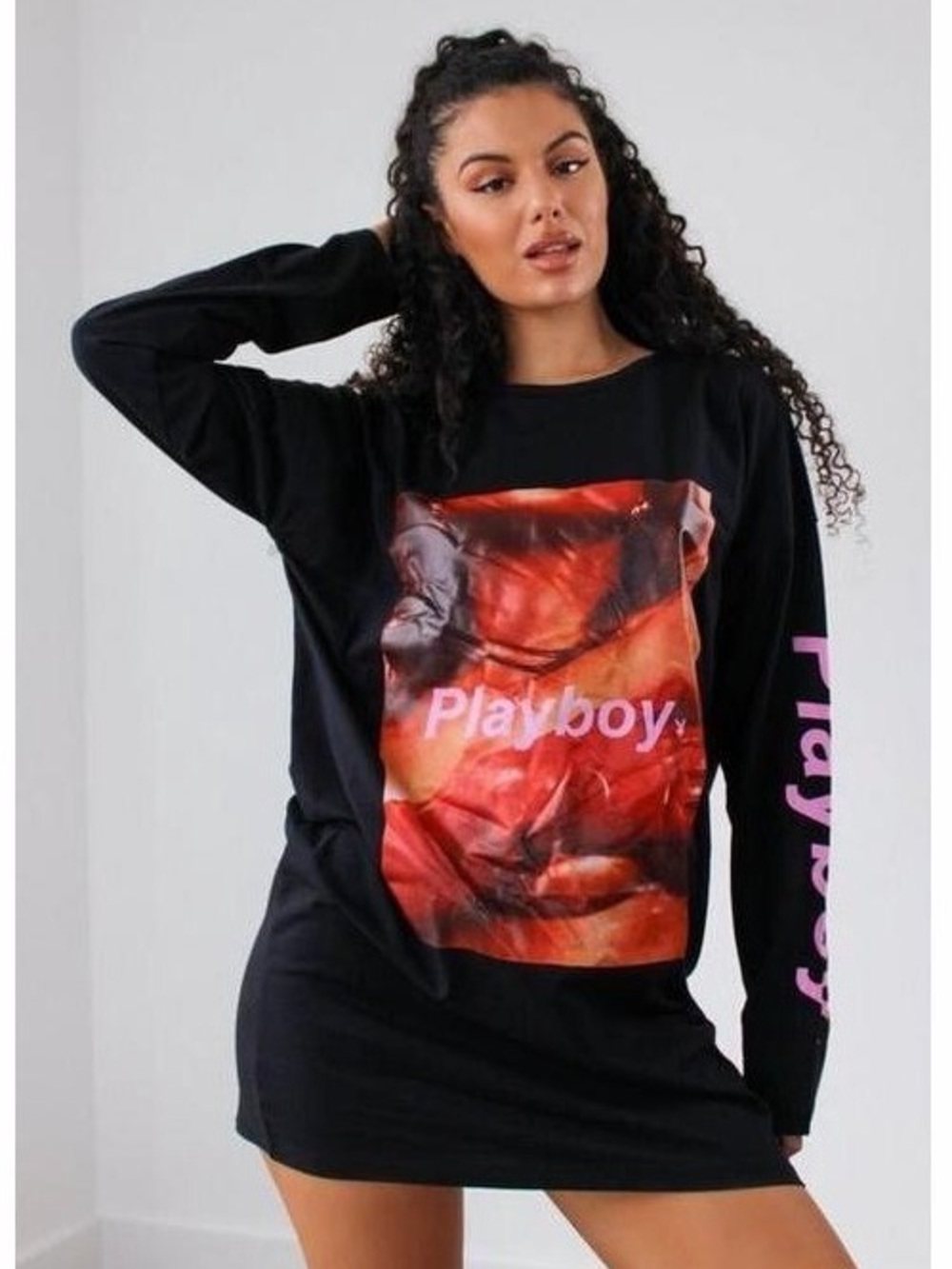 Missguided Playboy Oversized Black Graphic Long Sleeve Tee